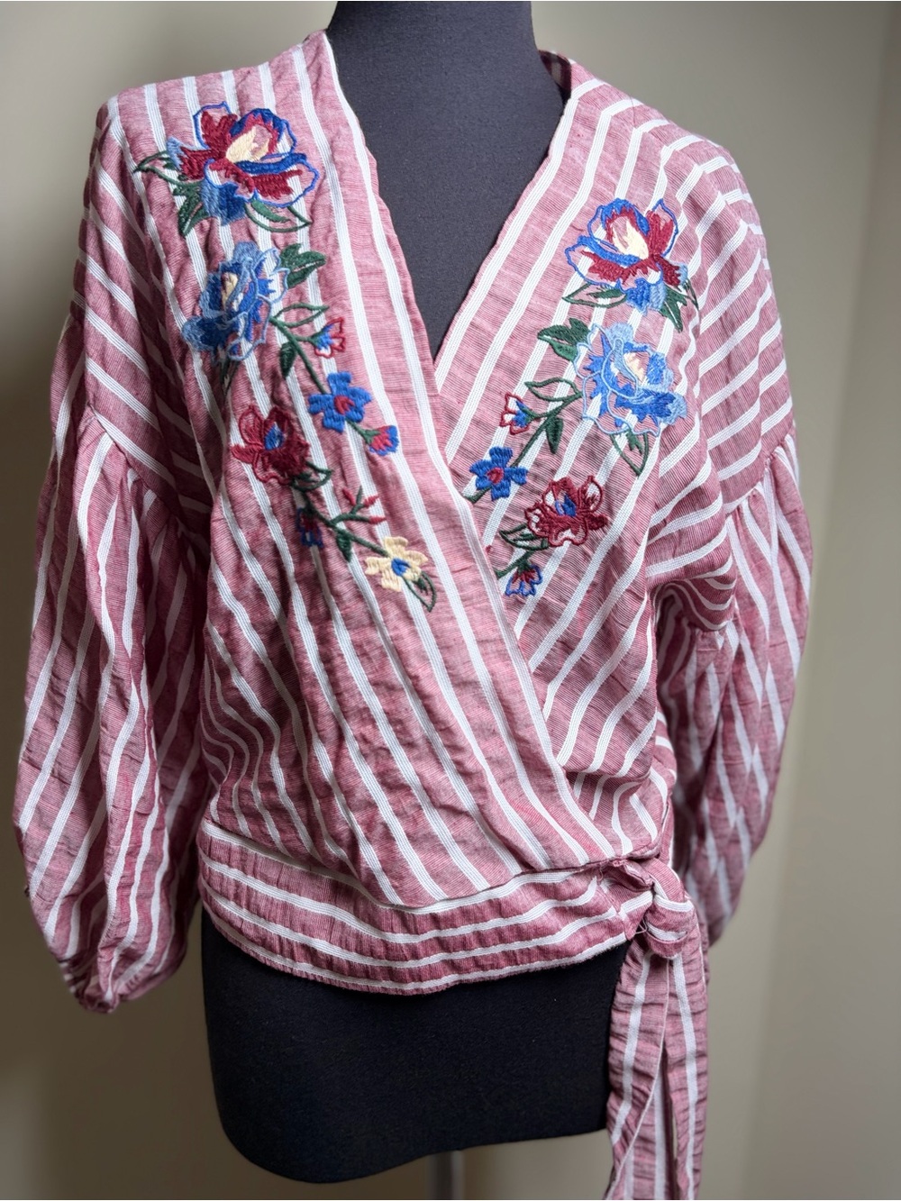 Flying Tomato Pink and White Striped Wrap Blouse with Floral Embroidery